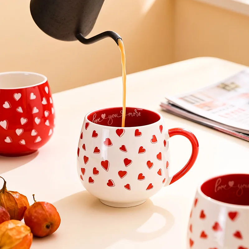 2pcs 370ml Ceramic Mug, Ideal Gift for Valentine's Day, Reusable Heart-shaped Coffee Cup, for Coffee/Milk/Juice, Home Use