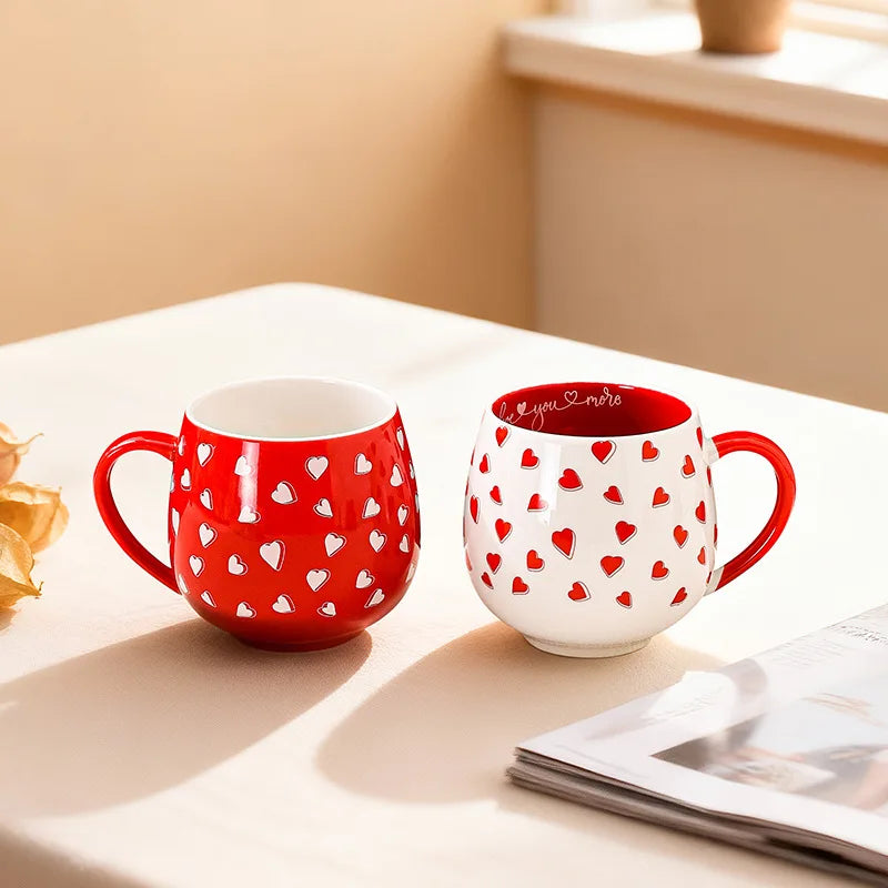 2pcs 370ml Ceramic Mug, Ideal Gift for Valentine's Day, Reusable Heart-shaped Coffee Cup, for Coffee/Milk/Juice, Home Use